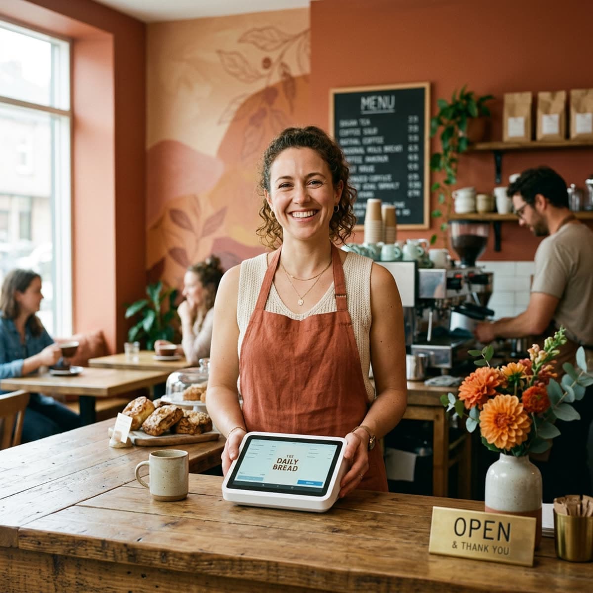 Business owner with free Suede POS equipment