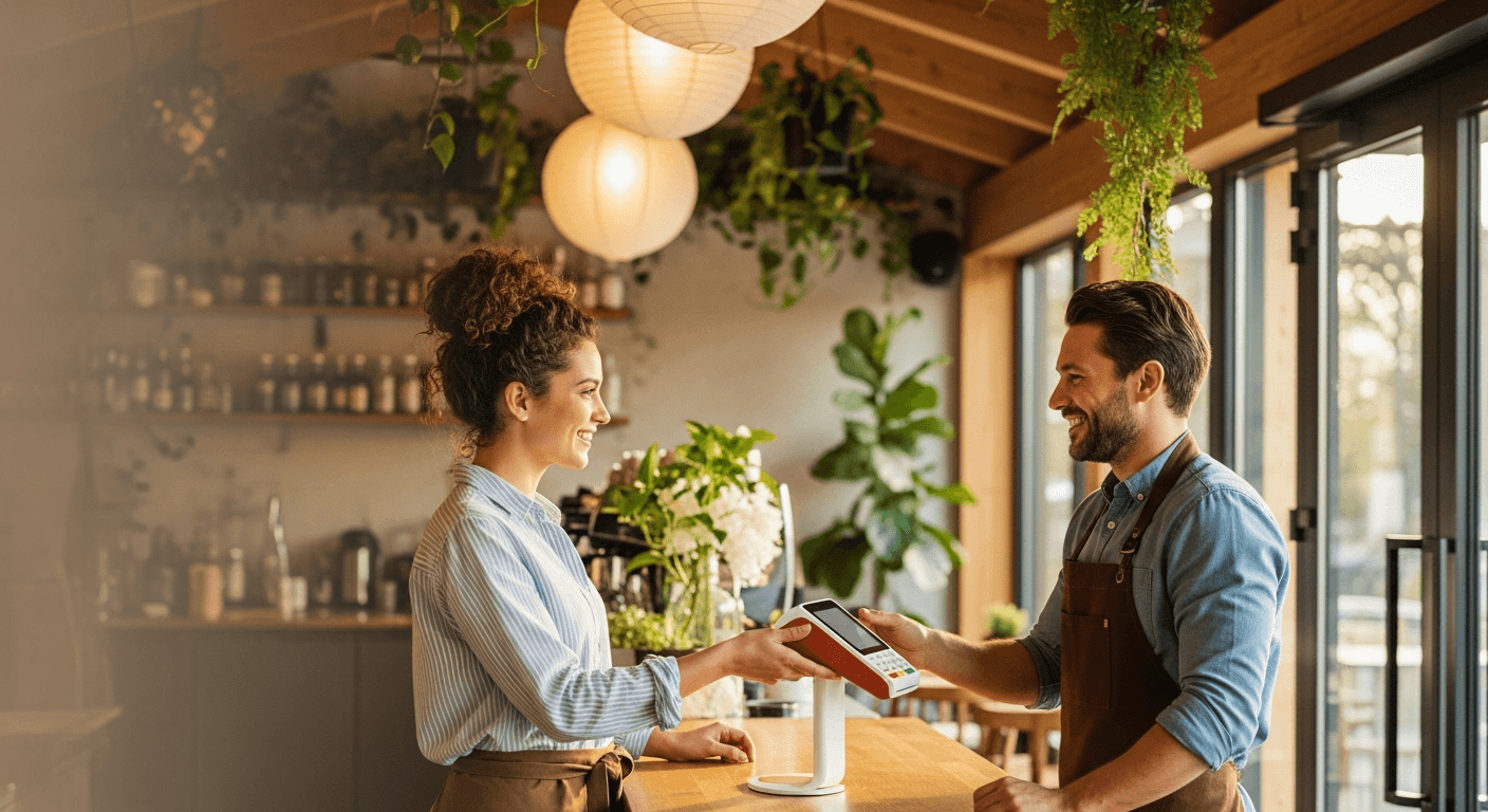 Merchant handing a Suede payment terminal to a customer