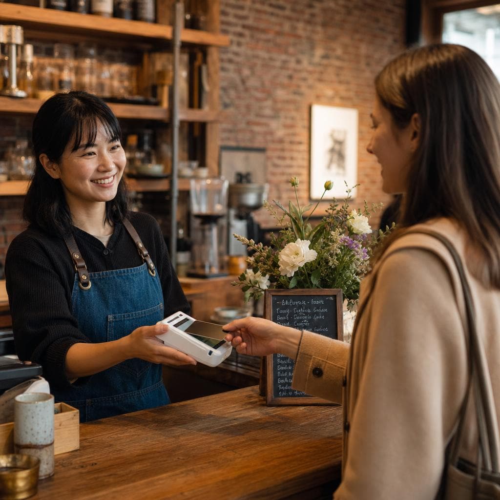 Barista taking a card payment on a modern POS terminal