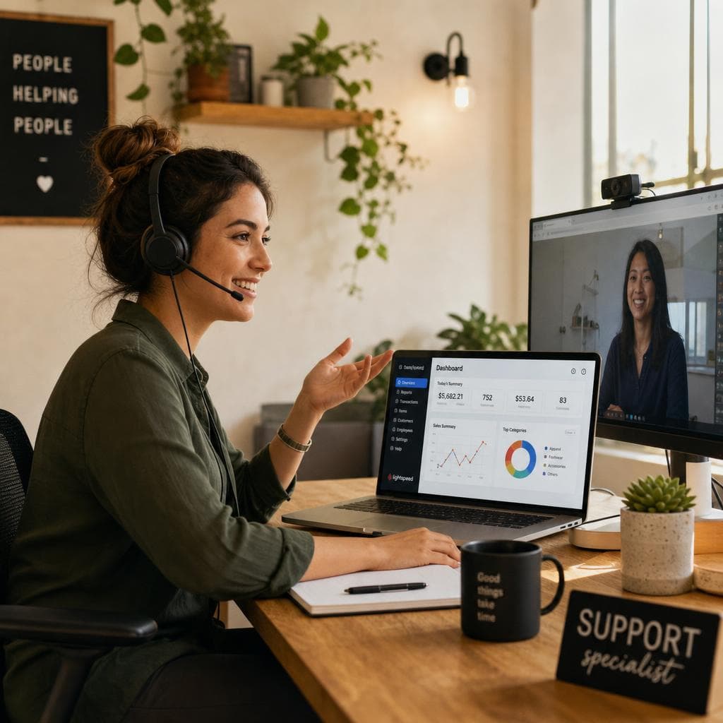 Suede POS expert on a headset guiding a merchant through setup
