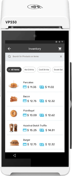 Valor VP550 showing menu and inventory management